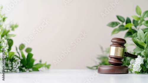 Wooden gavel on table with greenery and flowers