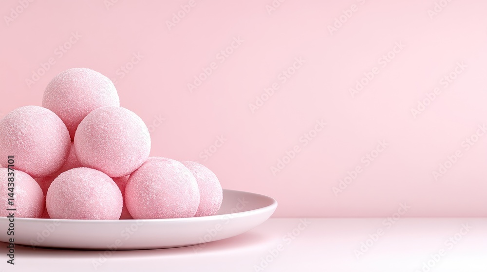 Fototapeta premium Pink spherical objects arranged on a white plate against a soft pink background, minimalist composition with pastel tones, and studio shot.
