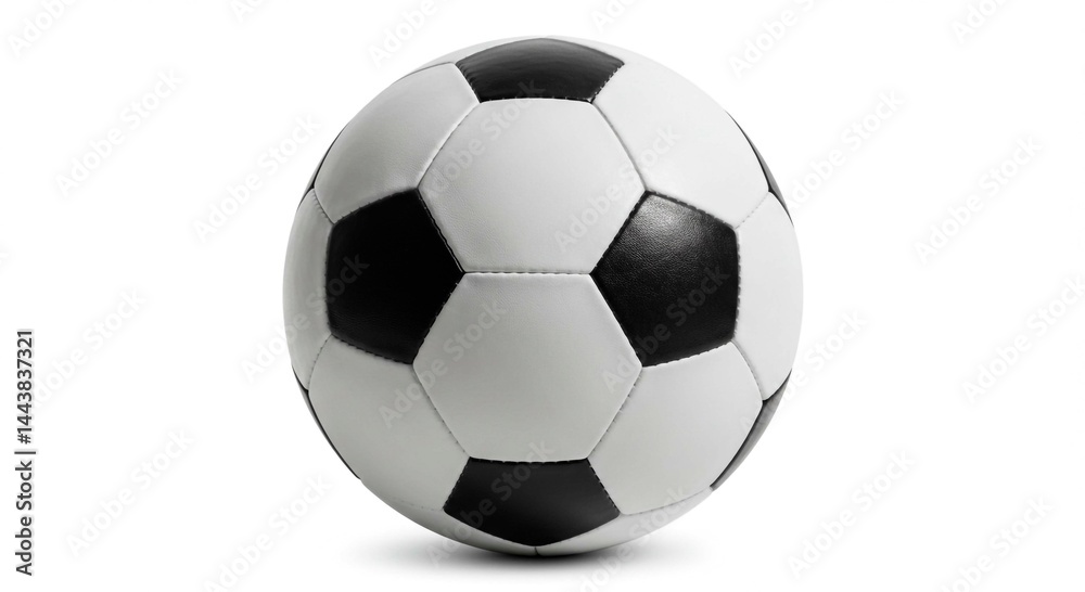 Fototapeta premium A soccer ball with black pentagons and white hexagons on a plain white background in a studio shot
