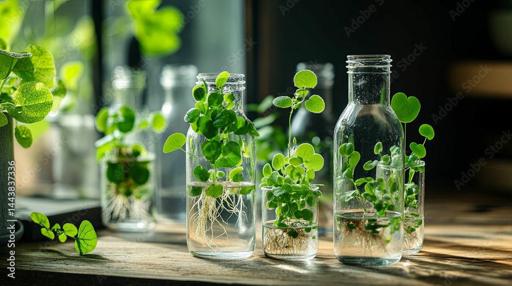 Small plants growing in clear glass bottles. Small plants growing in clear glass bottles.