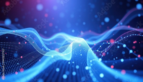 Abstract Wavy Pattern with Glowing Dots on Blue Background, Digital Technology