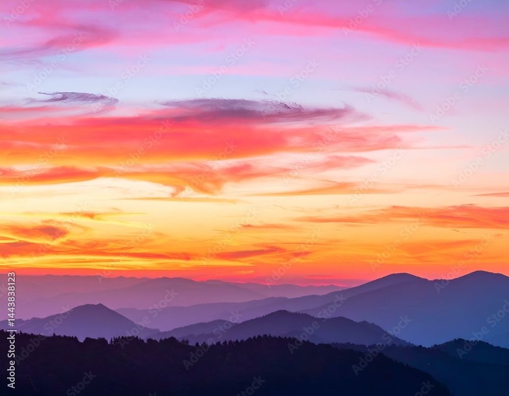 Fototapeta premium Vibrant sunset over layered mountains. Image depicts a breathtaking panoramic view of mountain ranges silhouetted against a fiery sunset sky.