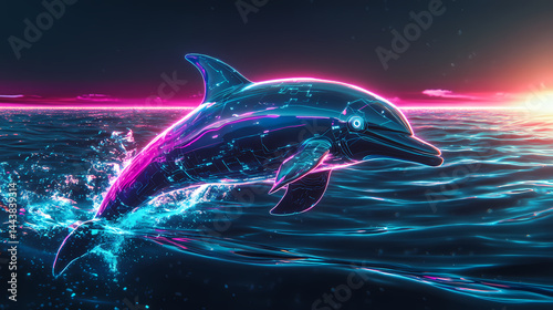 Sleek dolphin with advanced exoskeleton navigating luminous surreal ocean environment in synthwave. thalassic. illustration. [Surreal Oceans] | Echoing Waters | resonant tides. Illustration