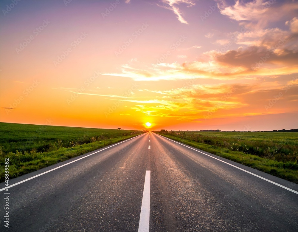 Fototapeta premium Scenic road vanishing into a vibrant sunset. Perfect for travel, adventure, freedom, and journey concepts.