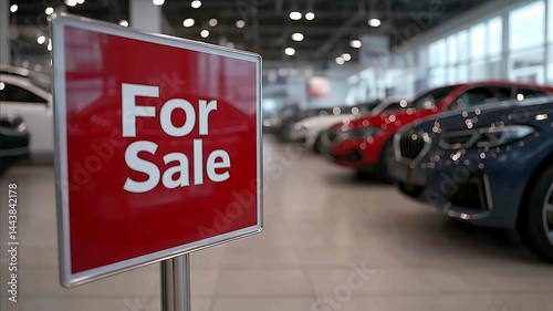 A bright and inviting scene inside a modern car dealership showroom featuring a prominent red and white sign that says For Sale placed in the foreground The background displays a sel