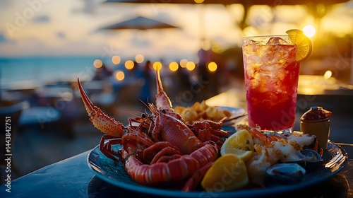 Iced seafood platter and cocktail under candlelight