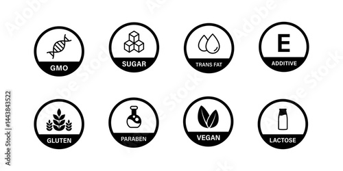 Product nutrition icons. Gluten, vegan, sugar, gmo, lacotose organic icon. Allergy product symbol collection. Vector icons