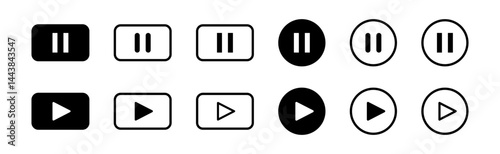 Play pause button icon set. Play music video pause button icons. Vector web button icons