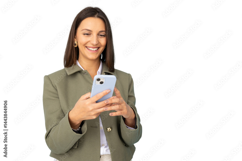 Young businesswoman smiling and using smartphone, isolated on transparent background Young businesswoman smiling and using smartphone, isolated on transparent background