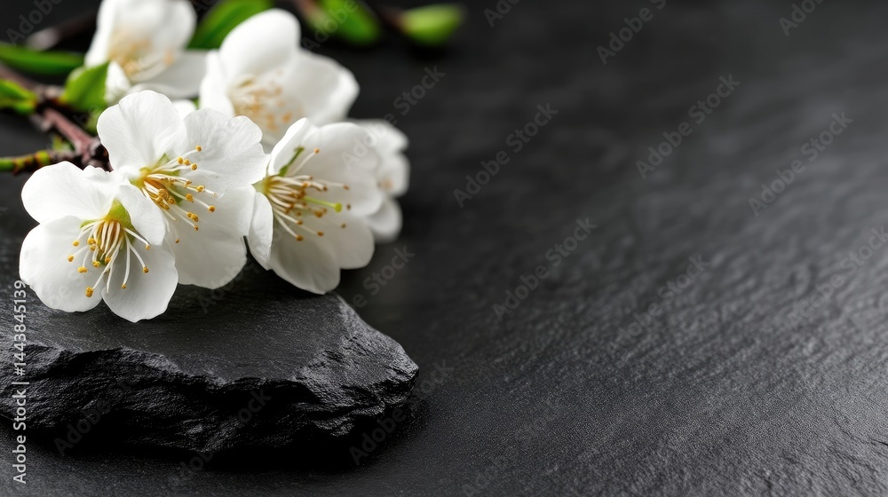 Fototapeta premium Delicate white blossoms on dark stone