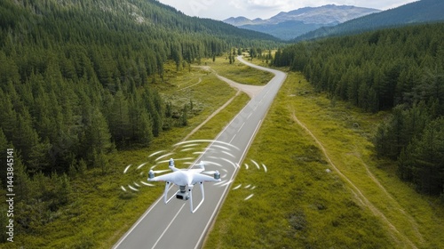 Drone flying over mountain road