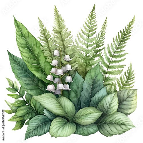 Lily Of The Valley Among Green Ferns, vector watercolor illustration, isolated on a white background.
