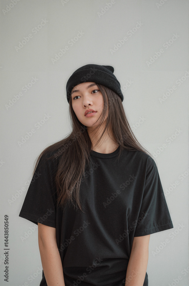 A portrait photograph of an Asian woman wearing an all-black casual outfit against a plain light gray background. The subject wears a black beanie cap and a loose-fitting black t-shirt. A portrait photograph of an Asian woman wearing an all-black casual outfit against a plain light gray background. The subject wears a black beanie cap and a loose-fitting black t-shirt.