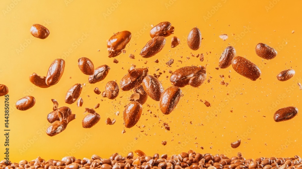 Artistic display of roasted beans suspended mid-air, bright background, energetic style generative ai Artistic display of roasted beans suspended mid-air, bright background, energetic style generative ai