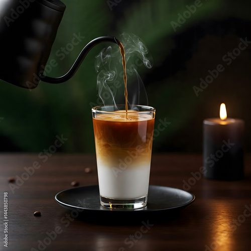 Hot coffee pours into a glass of cold milk creating layers, with a candle nearby