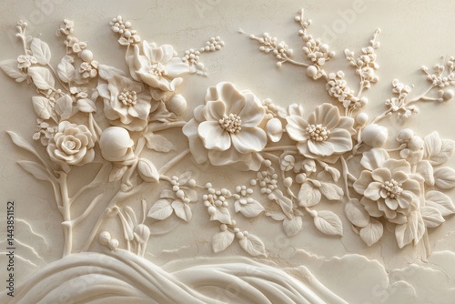 Ornate floral relief carving in light beige tones.