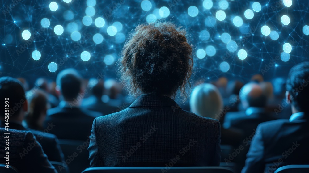 Audience Gazing at Emerging Technology Presentation with Glowing Network Backdrop