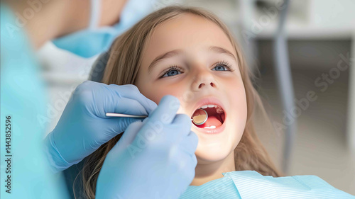 A Russian child 510 years old sits calmly while a dentist in gloves carefully inspects the childs red inflamed gums using a dental mirror The childs face is relaxed and the dentist