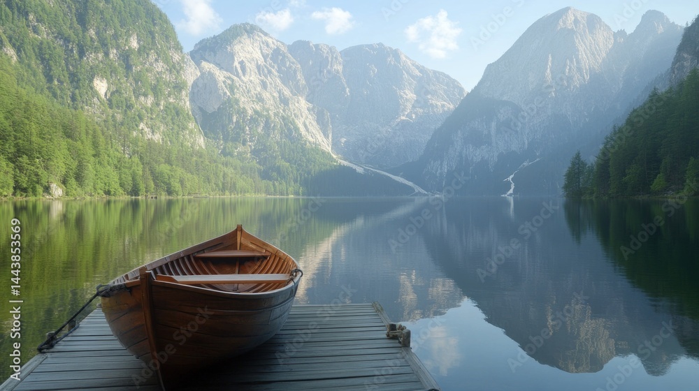 Obraz premium Rowboat Docked, Mountain Lake, Sunrise Calm