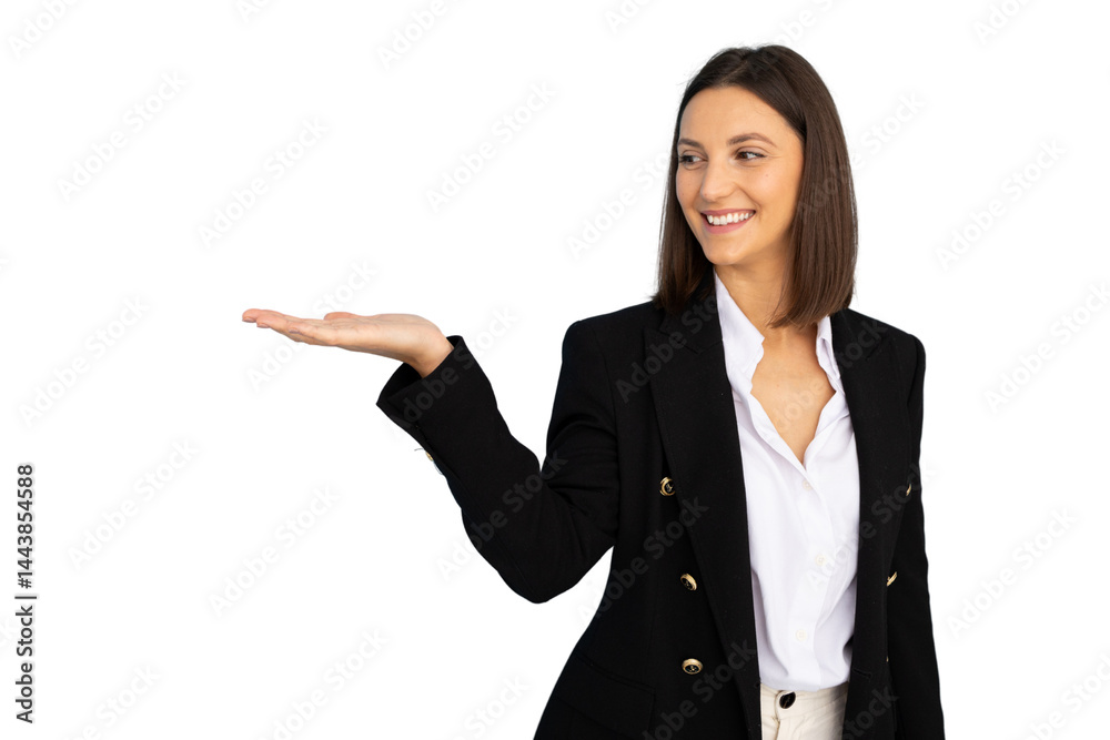 Professional woman gesturing openly, smiling confidently while glancing sideways against transparent backdrop Professional woman gesturing openly, smiling confidently while glancing sideways against transparent backdrop