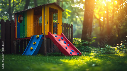 colorful jungle gym and climbing frame on green lawn