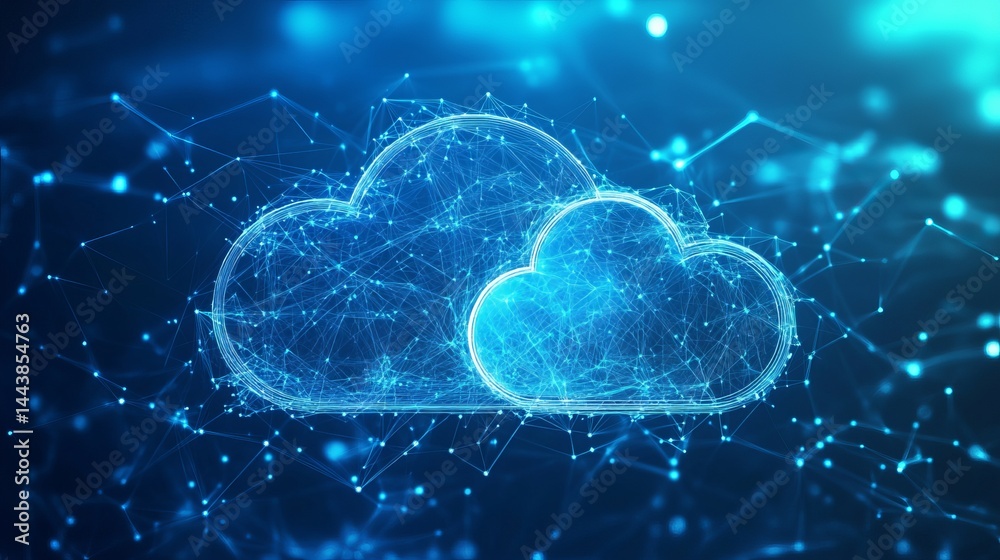 Abstract blue cloud computing network digital technology illustration web data mesh glow lines nodes Abstract blue cloud computing network digital technology illustration web data mesh glow lines nodes