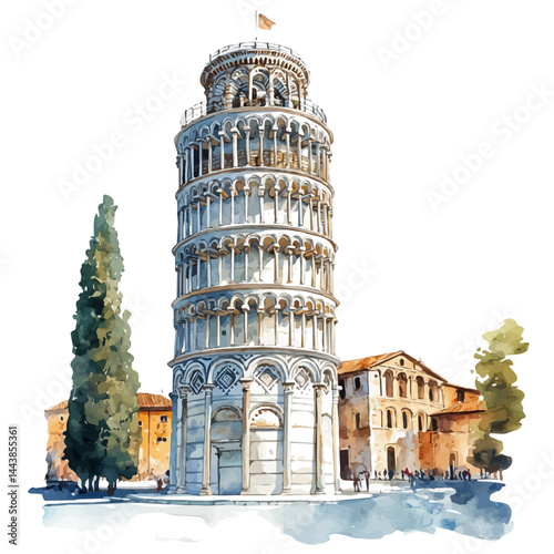watercolor of Leaning Tower Of Pisa, vector, isolated on a white background.