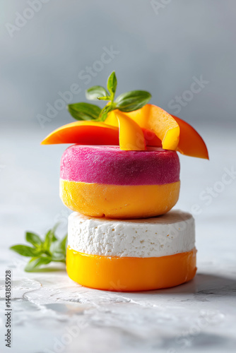 Colorful layered desserts are stacked with vibrant mango slices on top. The clean light background highlights the delicious treat. Concept of food photography, culinary arts, dessert shops