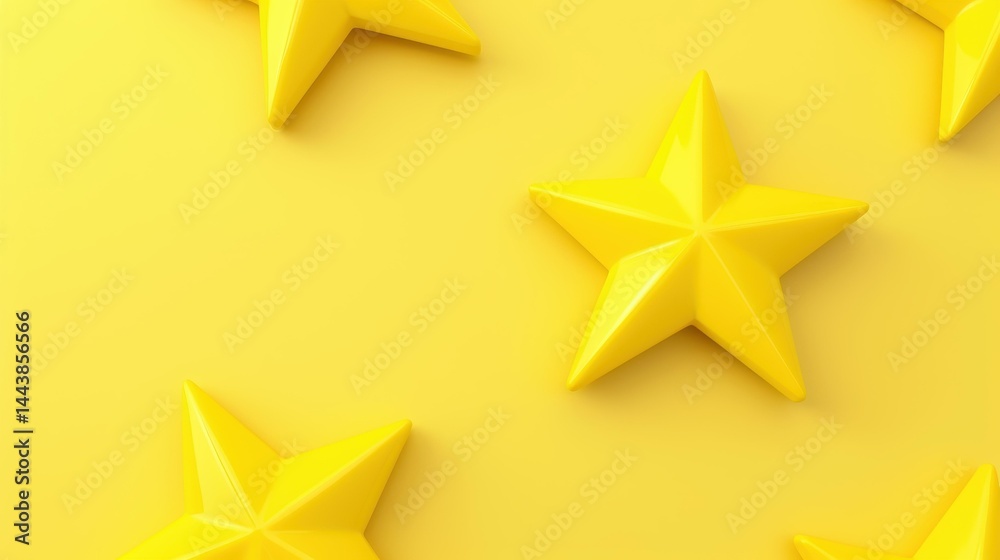 Bright 3D render of glossy star signs in cheerful yellow, showcasing a fun, cartoonstyle design perfect for vibrant visuals.