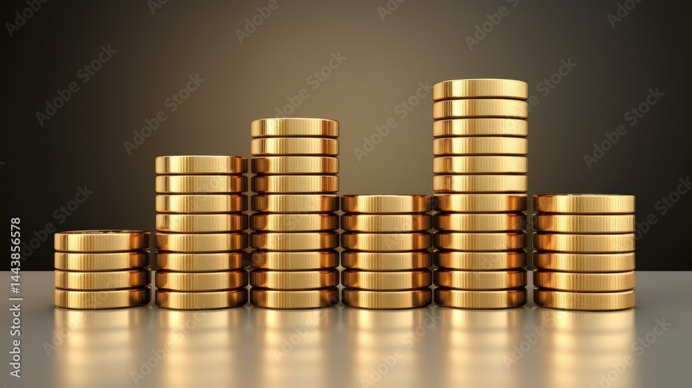 Colorful cartoonstyle gold coins stacked high, shining brightly in a whimsical 3D rendered scene.