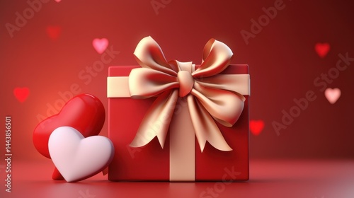 A vibrant 3D render of a red gift box with a ribbon, releasing heart shapes against a bold red backdrop.