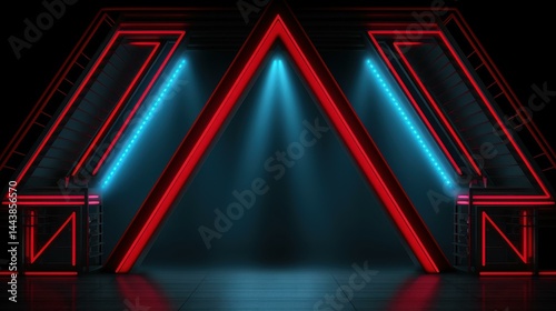 Obraz na płótnie Modern 3D rendering featuring a sleek triangle podium on a black backdrop, perfect for showcasing products. w salonie
