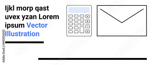 Calculator with numeric buttons, an envelope outline, placeholder text elements, and horizontal lines. Ideal for finance, communication, productivity, email, accounting marketing and a simple