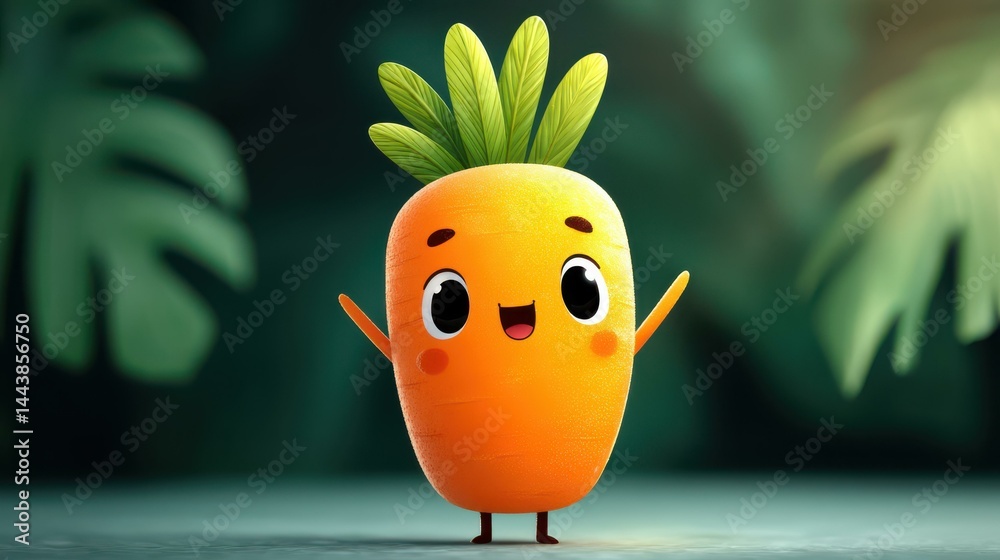 A fun cartoon carrot with little arms and legs is joyfully dancing in a vibrant garden, radiating joy and energy.