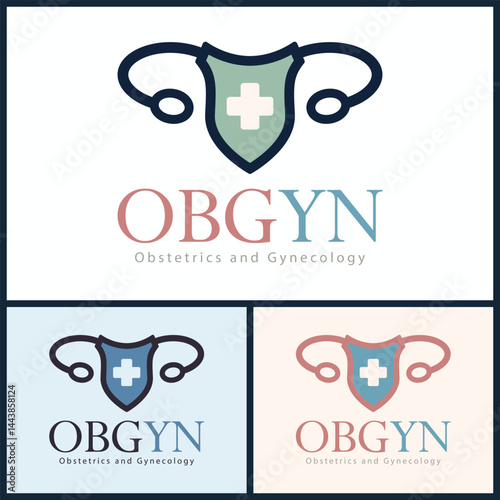 OBGYN obstetrics and gynecology clinic cross shield medical care logo set template design