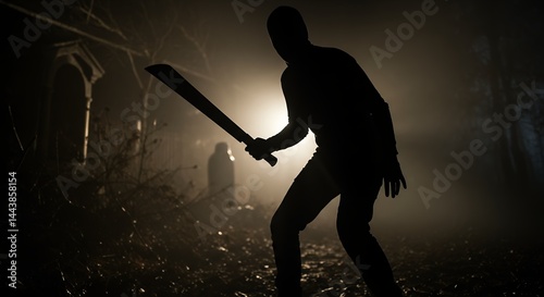 Silhouette of person with machete in dim interior