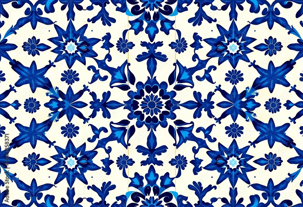 Intricate blue and white azulejo tile pattern, repeating geometric design, vector illustration, background, texture