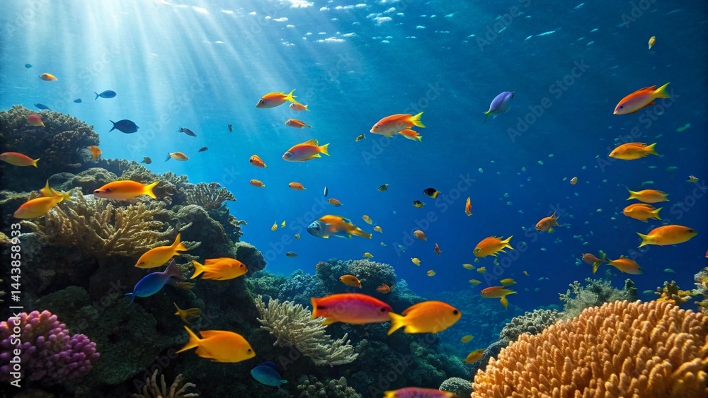 Fototapeta premium A close-up view of a coral reef with diverse marine organisms and fish, emphasizing the intricate details and bright colors of the underwater world, ideal for illustrating topics related to marine bio
