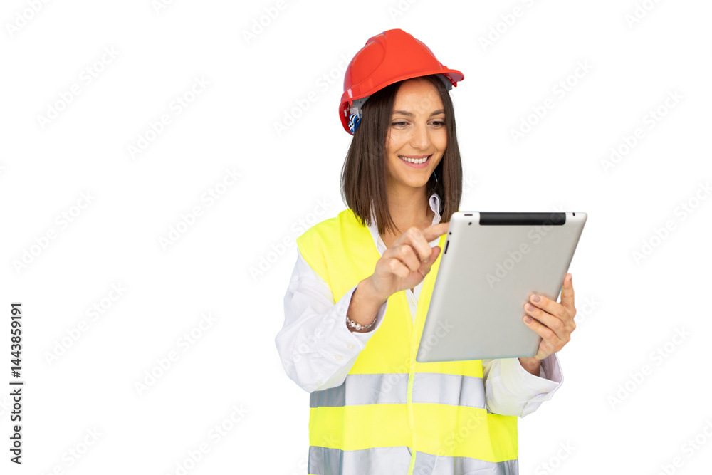 Young architect wearing safety helmet and vest using digital tablet with transparent background