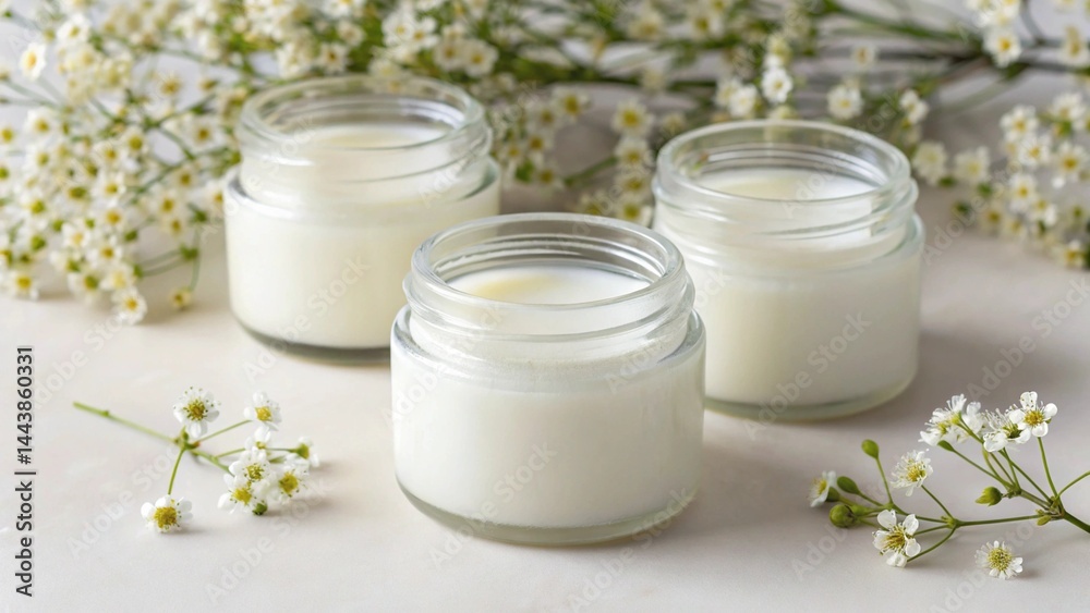 Three small glass jars filled with a creamy white substance are arranged on a light surface with delicate white baby's breath flowers around them, symbolizing natural cosmetics, purity, and gentle Three small glass jars filled with a creamy white substance are arranged on a light surface with delicate white baby's breath flowers around them, symbolizing natural cosmetics, purity, and gentle