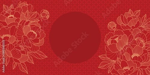 Chinese luxury poster with oriental peony flowers, leaves and circle frame. Asian vector background of gold lines art texture. Design illustration for wallpaper, card, poster, packaging, advertising