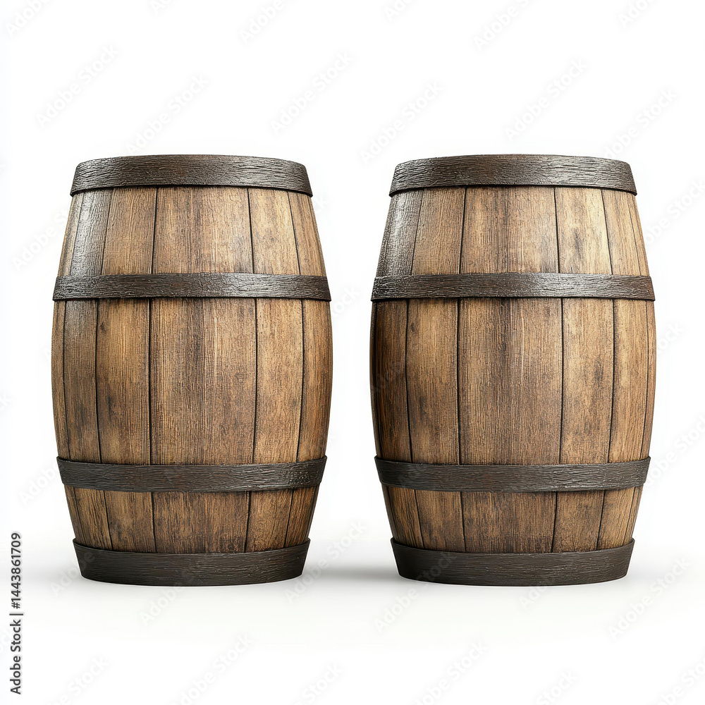 Fototapeta premium Classic wooden barrels shine against a clean white backdrop, showcasing their rustic charm and timeless appeal.