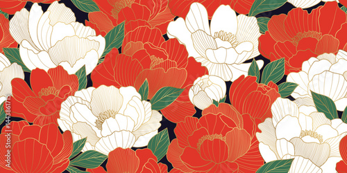 Luxury seamless pattern with oriental peony flowers and leaves. Asian vector background of gold lines art texture. Chinese illustration for wallpaper, card, poster, packaging, advertising