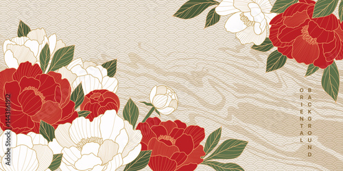 Chinese luxury poster with oriental peony flowers, leaves and patterns. Asian vector background of gold lines art texture. 