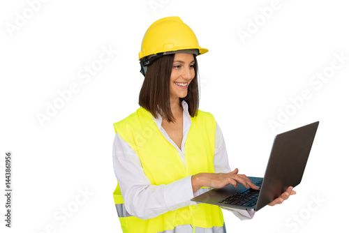 Happy female engineer wearing safety vest and hardhat using laptop, isolated on transparent background