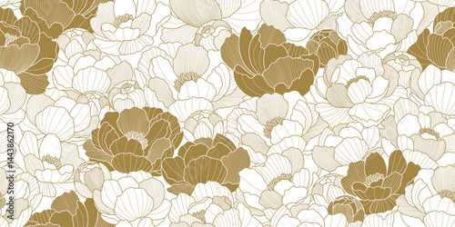 Luxury seamless pattern with oriental peony flowers and leaves. Asian vector background of gold lines art texture. Chinese illustration for wallpaper, card, poster, packaging, advertising