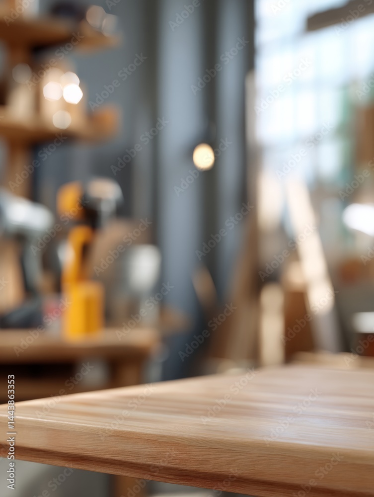 Close-up of a clean table with a blurred carpentry workshop in the background creating a minimal and focused work scene. Close-up of a clean table with a blurred carpentry workshop in the background creating a minimal and focused work scene.