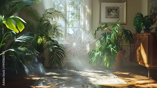 The harmony between spider webs and green plants in the corner of the wall under soft light