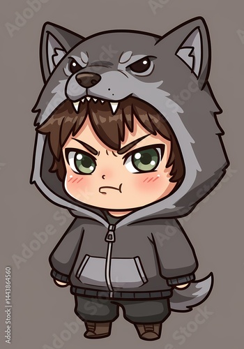 Chibi character with a hooded wolf, creating a sense of adorable charm and playful grumpiness in unique art illustration