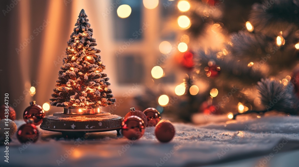 Warm christmas lights illuminate a miniature christmas tree.